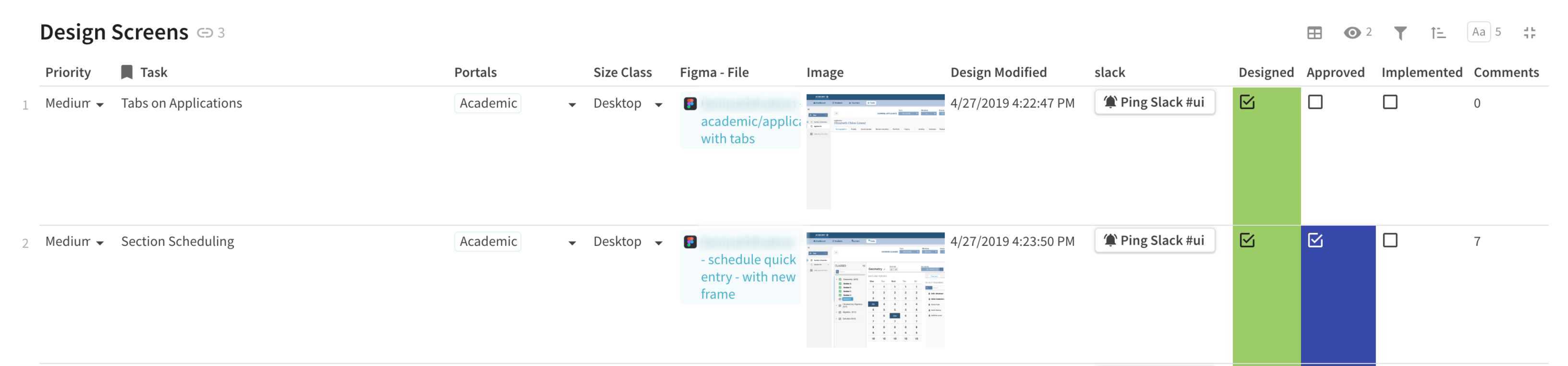 project management tables